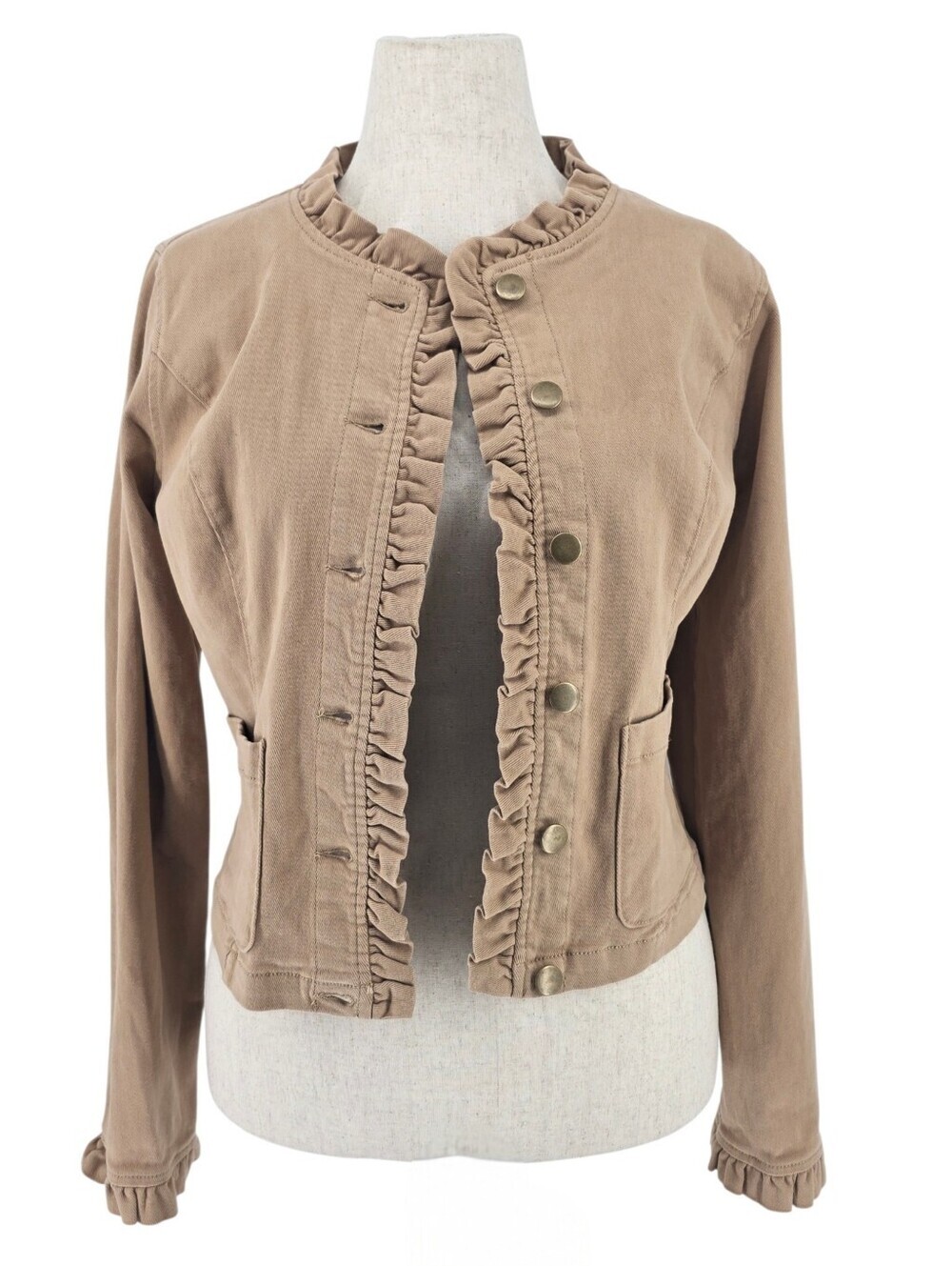Draper James Taupe Ruffle Trim Cotton Twill Jacket Blazer Topper Size M - Picture 3 of 9